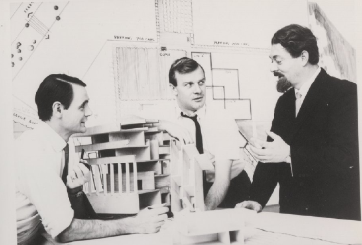 The architects of UTSC: John Andrews is pictured in the centre alongside landscape architect Michael Hough (left) and architect-planner Michael Hugo-Brunt (right).